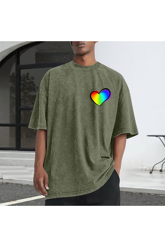 Mens Cotton T shirts Short Sleeve Valentine Shirts Heart Army Green Athletic Tops for Young Mens S