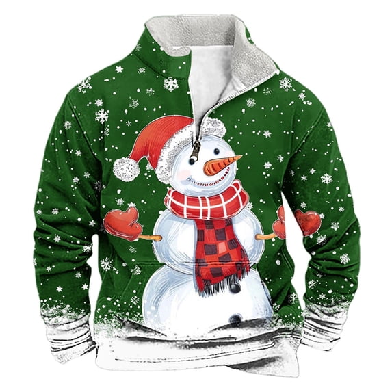 EchfiProm Mens Fleece Hoodies Graphic Pullover Green Christmas Snowman Zipper Mock Neck Xmas Sweatshirt for Men Athletic L