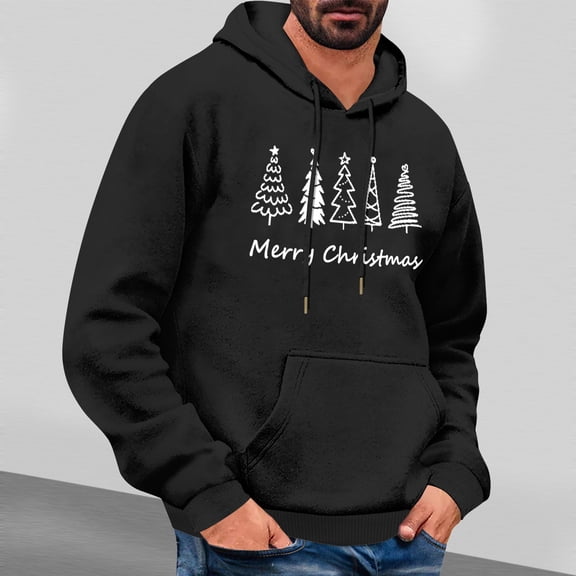 EchfiProm Mens Graphic Hoodies Black Pullover Essentials Hooded with Pockets Xmas Sweatshirt for Men Merry Christmas M