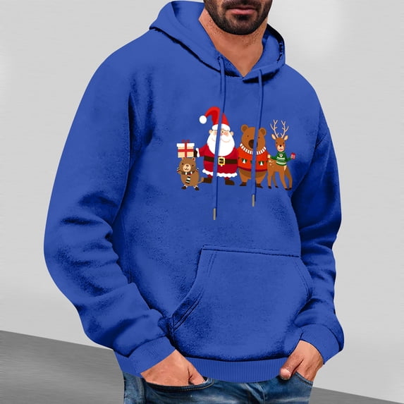 EchfiProm Mens Graphic Hoodies Christmas Santa Pullover Xmas Hooded Trendy with Pockets Sweatshirt for Men Blue S