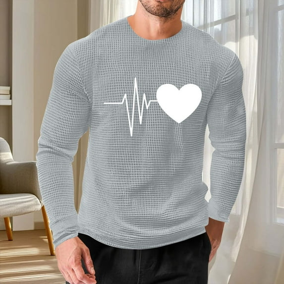 EchfiProm Mens Graphic Tees Gray Shirts Valentine Graphic Athletic Heart Long Sleeve Tops for Big and Tall Men 3XL