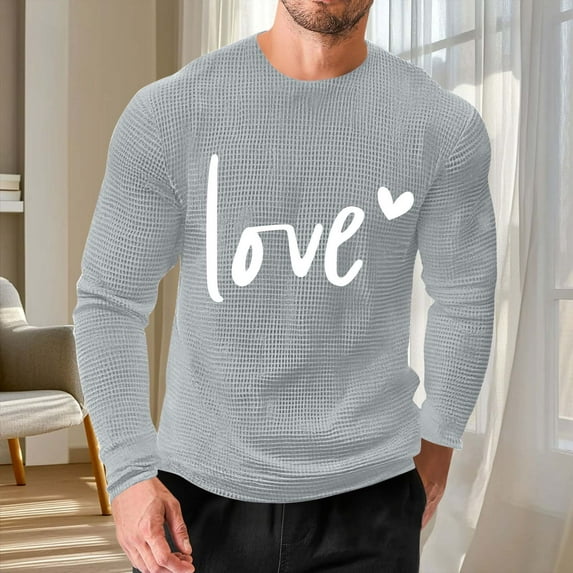 EchfiProm Mens Graphic Tees Long Sleeve Valentine Shirts Waffle Gray Love Summer Graphic Tops for Big and Tall Men L