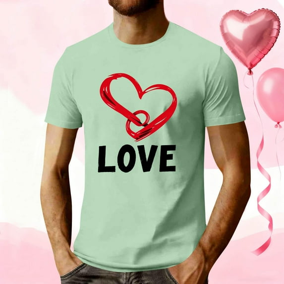 EchfiProm Mens Graphic Tees Short Sleeve Shirts Green Casual Love Heart Graphic Tops for Adult Valentine L