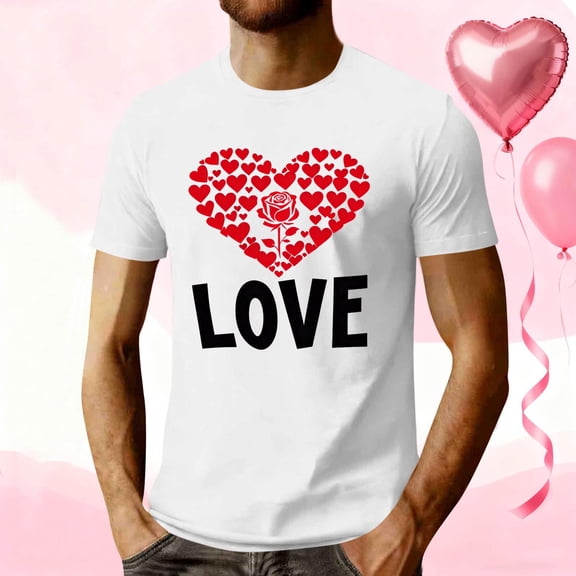EchfiProm Mens Graphic Tees Short Sleeve Valentine Shirts White Graphic Casual Love Heart Tops for Adult L