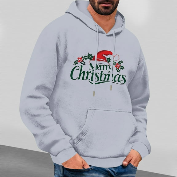 EchfiProm Mens Gray Hoodies with Pockets Merry Christmas Graphic Xmas Hooded Pullover Sweatshirt for Men XL