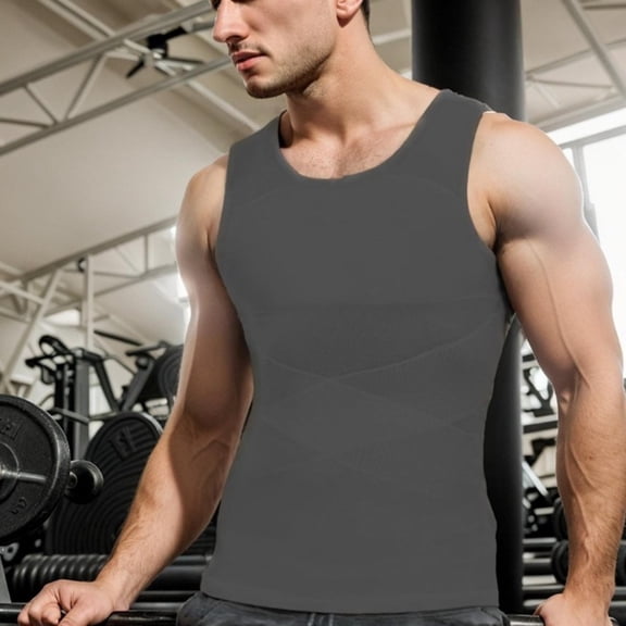 EchfiProm Mens Gray Tank Tops Body Shaper Slimming Shirt Compression Workout Gym Fitness Training Sleeveless Shirts for Young Man 4XL