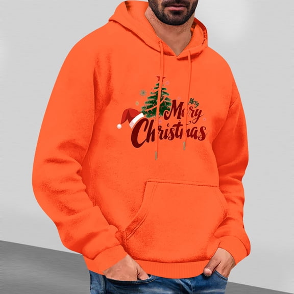 EchfiProm Mens Hoodies Graphic Orange with Pockets Pullover Hooded Merry Christmas Xmas Sweatshirt for Men Winter XL
