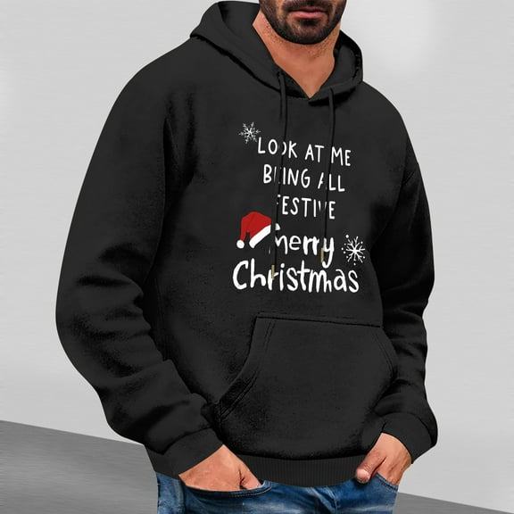 EchfiProm Mens Hoodies Graphic with Pockets Merry Christmas Black Pullover Hooded Sweatshirt for Men Xmas M