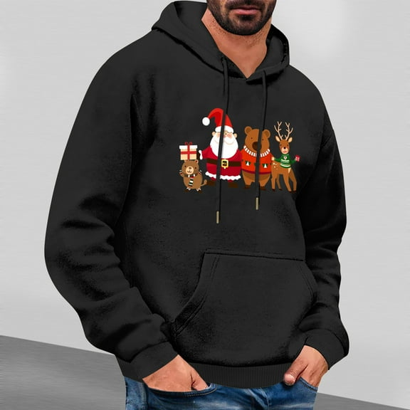 EchfiProm Mens Hoodies with Pockets Pullover Christmas Santa Xmas Hooded Graphic Black Sweatshirt for Men L