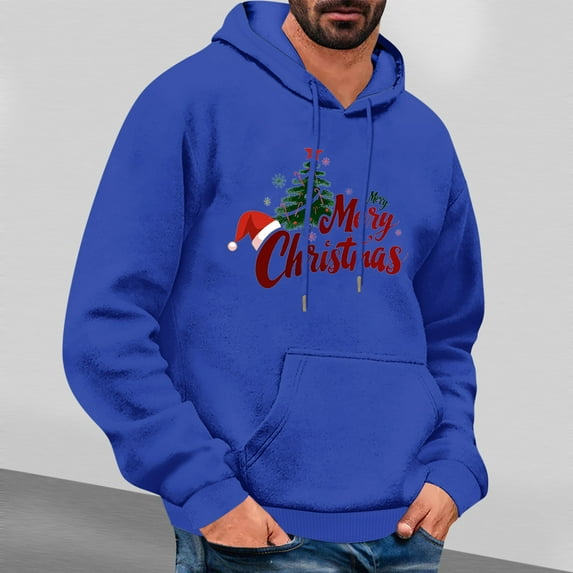 EchfiProm Mens Merry Christmas Hoodies Graphic Pullover Blue Xmas Hooded Sweatshirt for Men with Pockets M
