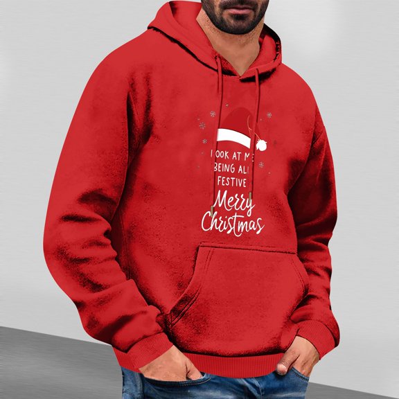 EchfiProm Mens Merry Christmas Hoodies Pullover with Pockets Red Graphic Hooded Sweatshirt for Men Xmas S