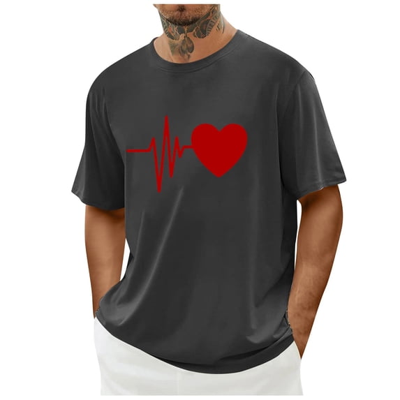 EchfiProm Mens T shirts Gray Shirts Valentine Summer Short Sleeve Graphic Heart Tops for Big and Tall Men 2XL