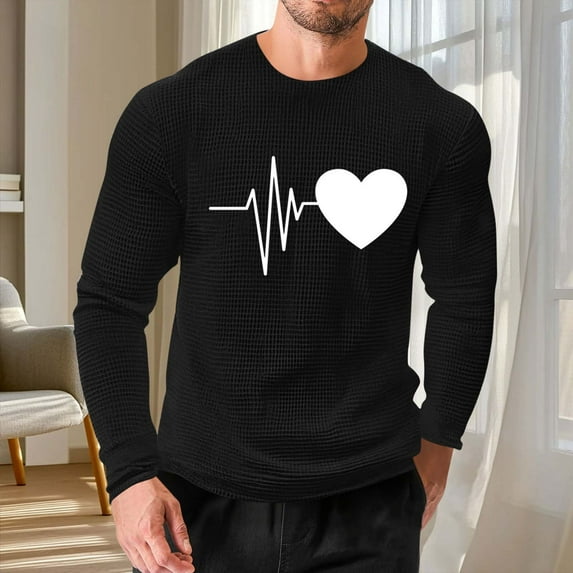 EchfiProm Mens T shirts Long Sleeve Black Shirts Valentine Summer Waffle Heart Tops for Young Mens Graphic 2XL