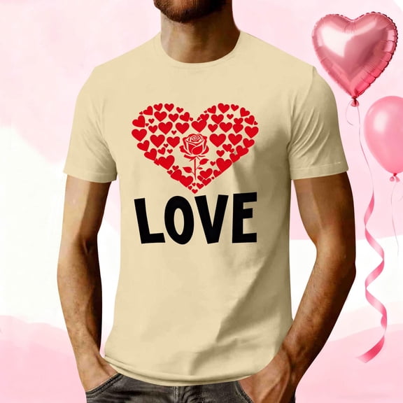 EchfiProm Mens T shirts Short Sleeve Shirts Valentine Crewneck Graphic Tops for Big and Tall Men Beige L