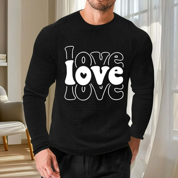 EchfiProm Mens T shirts Valentine Waffle Shirts Black Casual Long Sleeve Graphic Tops for Big and Tall Men Love 5XL