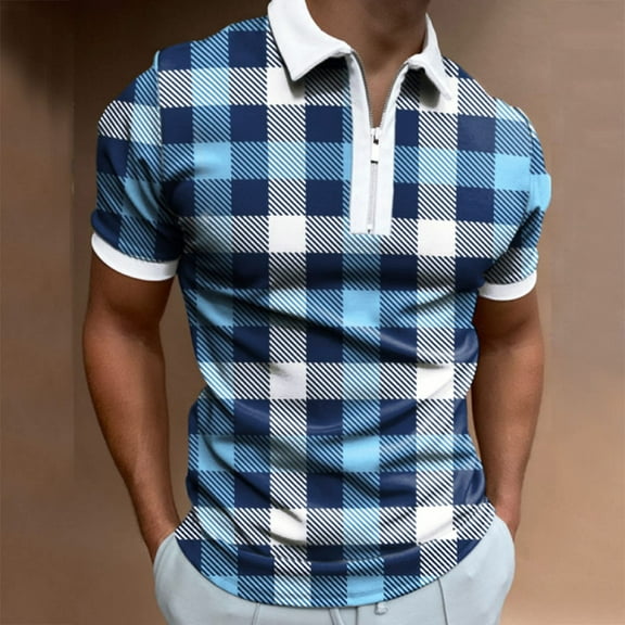 EchfiProm Mens Tops Clearance Under $5 Short Sleeve Half Zip Dark Blue Plaid Polo Shirts L