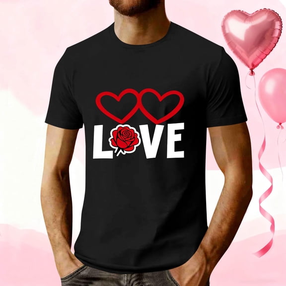 EchfiProm Mens Valentine Graphic Tees Short Sleeve Shirts Love Heart Graphic Summer Tops for Adult Black XL