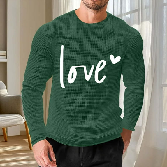 EchfiProm Mens Valentine T shirts Army Green Waffle Shirts Long Sleeve Love Summer Tops for Adult 4XL