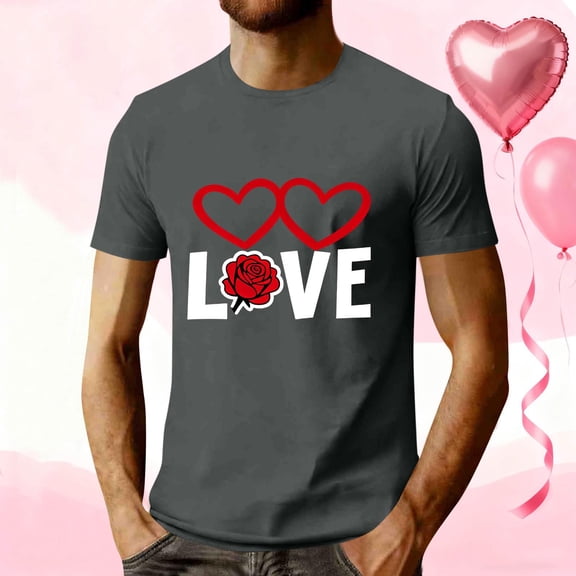 EchfiProm Mens Valentine T shirts Gray Shirts Short Sleeve Love Heart Casual Graphic Tops for Young Mens 2XL