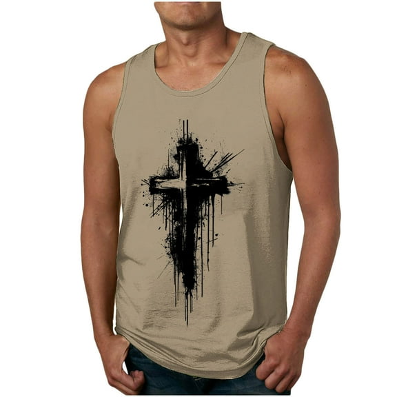 EchfiProm Mens Yellow Tank Tops Workout Muscle Shirts Graphic Moisture Wicking Cross Print Gym Fitness Training Shirts for Young Man M