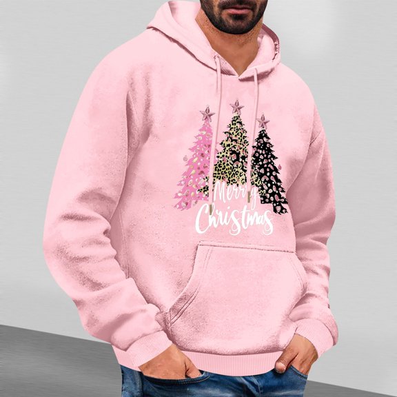 EchfiProm Merry Christmas Hoodies for Men with Pockets Graphic Pink Pullover Xmas Hooded Mens Sweatshirt Outdoor L