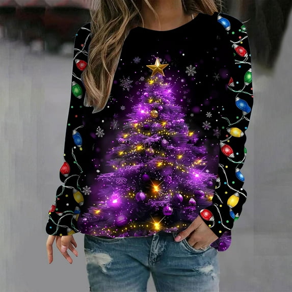 EchfiProm Merry Christmas Sweatshirts for Women Pullover Sweatshirt Crewneck Snowflakes Vintage Soft Long Sleeve Ladies Clothes