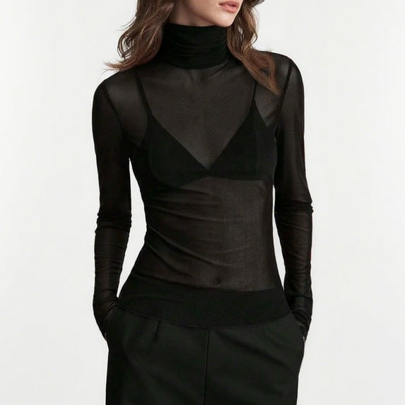 EchfiProm Mock Neck Tops for Women Long Sleeve Slim Fit Pullover Y2k Black Mesh Solid Ladies Undershirts