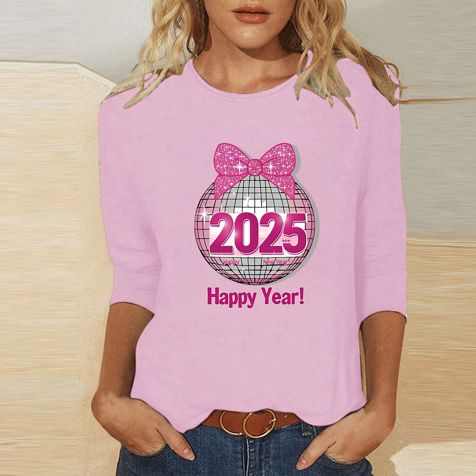 EchfiProm New Years Eve Tops for Womens 3/4 Sleeve Plus Size Pink Crewneck Cute Happy New Year