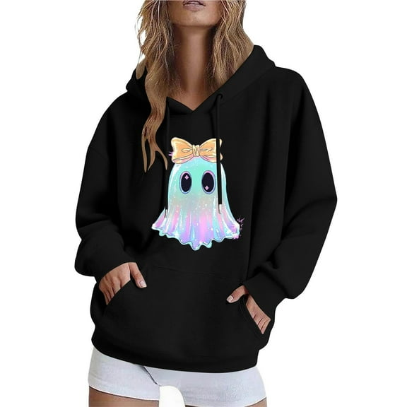 EchfiProm Oversized Sweatshirt for Womens Black Ghost Print Hooded with Pocket Pullover Ladies Tops Soft L