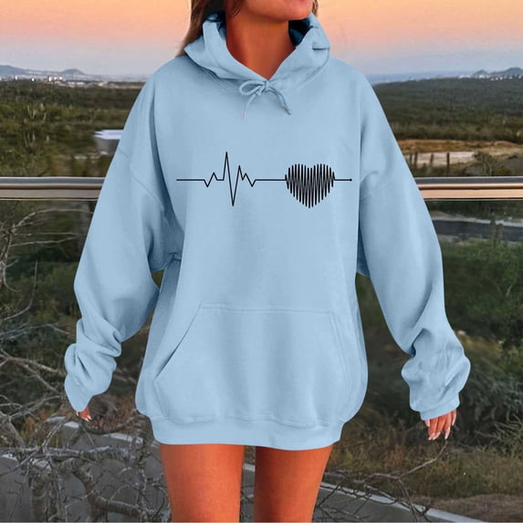 EchfiProm Oversized Sweatshirt for Womens Pullover with Pockets Hoodies Blue Long Sleeve Hooded Casual Ladies Tunic Tops Graphic