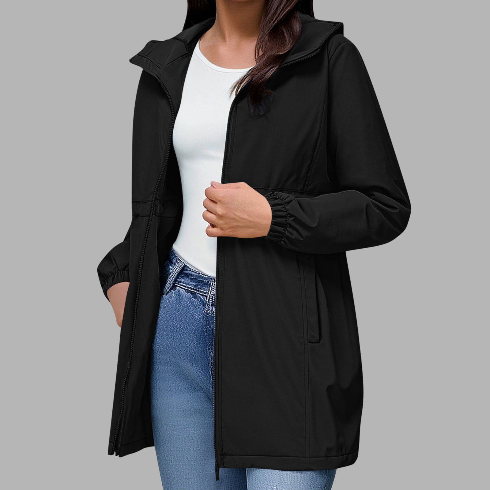 EchfiProm Packable Womens Lightweight Rain Jacket Black Zip-up