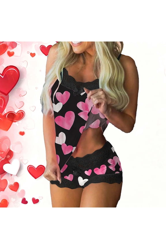Pajamas for Women Valentines Tank Top and Shorts Lace Set Pink Cute Adults 2 Piece Pjs Love Heart
