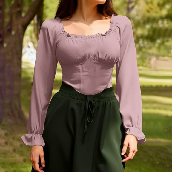 EchfiProm Pink Crop Tops for Women Long Sleeve Square Neck T-Shirts Slim Fall Ruffle Sleeve Ladies Solid