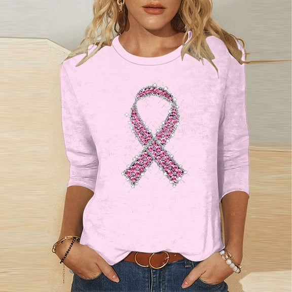 EchfiProm Pink Shirts for Women Trendy Breast Cancer 3/4 Sleeve Pullover Crew Neck Summer Relaxed Fit Blouse