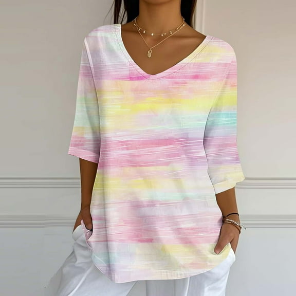 EchfiProm Pink Shirts for Women V-Neck Tops Cotton Linen 3/4 Sleeve Blouse Fall Colorblock Ladies