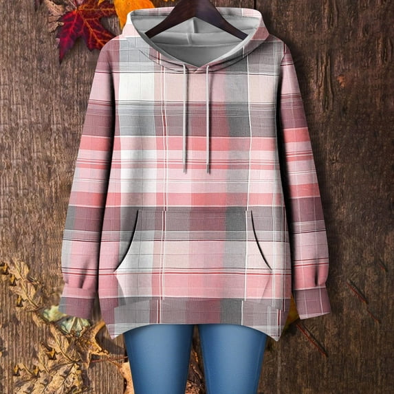 EchfiProm Pink Sweatshirt for Womens Oversized Hoodies Plaid Trendy Pullover Hooded with Pockets Ladies Tops Long Sleeve