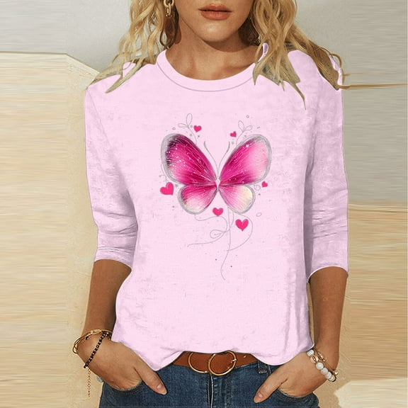 EchfiProm Pink Tee Shirts Womens Breast Cancer 3/4 Sleeve Pullover Crew Neck Relaxed Fit Dressy Blouse