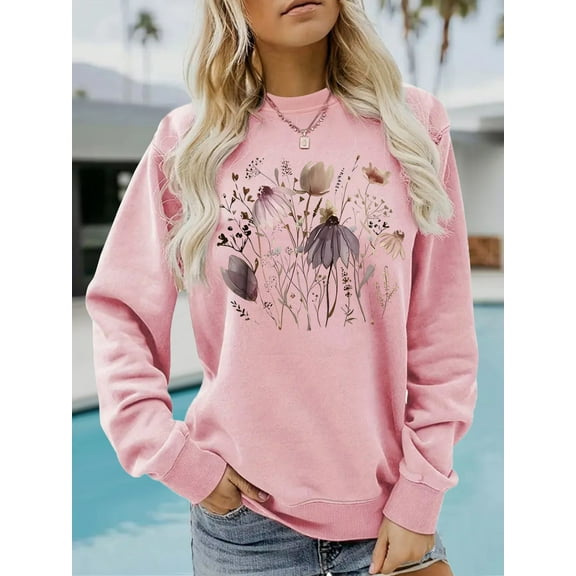 EchfiProm Pink Tops for Women Fall Pullover Long Sleeve Crew Neck Loose Womens Sweatshirt Floral