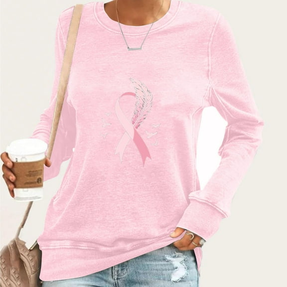 EchfiProm Pink Tops for Women Y2k Pullover Breast Cancer Long Sleeve Relaxed Fit Crew Neck Womens T-Shirt