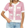 thumbnail image 1 of EchfiProm Pink Women Lightweight Sweaters Short Sleeve Button down Colorblock Solf Outfits Crew Neck Cardigan Knit Sweater Jacket M, 1 of 2