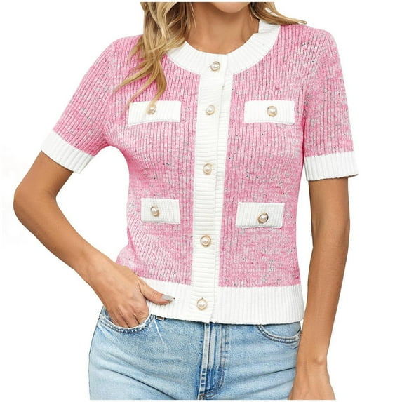 EchfiProm Pink Women Lightweight Sweaters Short Sleeve Button down Colorblock Solf Outfits Crew Neck Cardigan Knit Sweater Jacket M