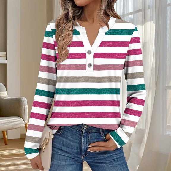 EchfiProm Pink Womens Tops Trendy Long Sleeve Comfy Striped Relaxed Fit V Neck Button T Shirts