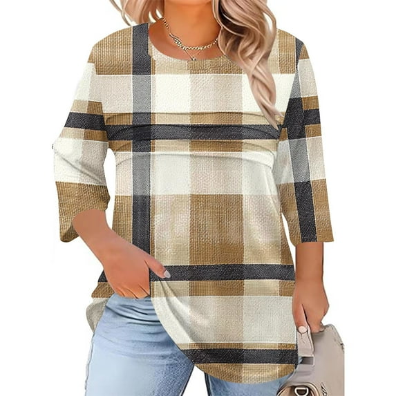 EchfiProm Plaid Casual Shirts for Women 3/4 Sleeve Plus Size Brown Pullover Crew Neck Trendy Loose Fit Shirts