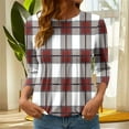 thumbnail image 1 of EchfiProm Plaid Casual Shirts for Women 3/4 Sleeve Red Pullover Y2k Loose Fit Crew Neck Tops, 1 of 7