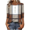 thumbnail image 1 of EchfiProm Plaid Tops for Women Brown Pullover 3/4 Sleeve Crew Neck Y2k Womens T-Shirt Relaxed Fit, 1 of 7