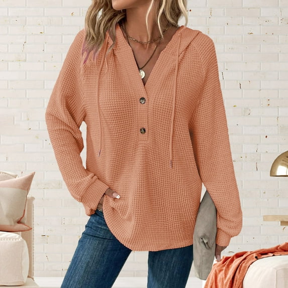 EchfiProm Plain Sweatshirts for Womens Casual Waffle Hoodies V-Neck Button Beige Pullover Womems Tops