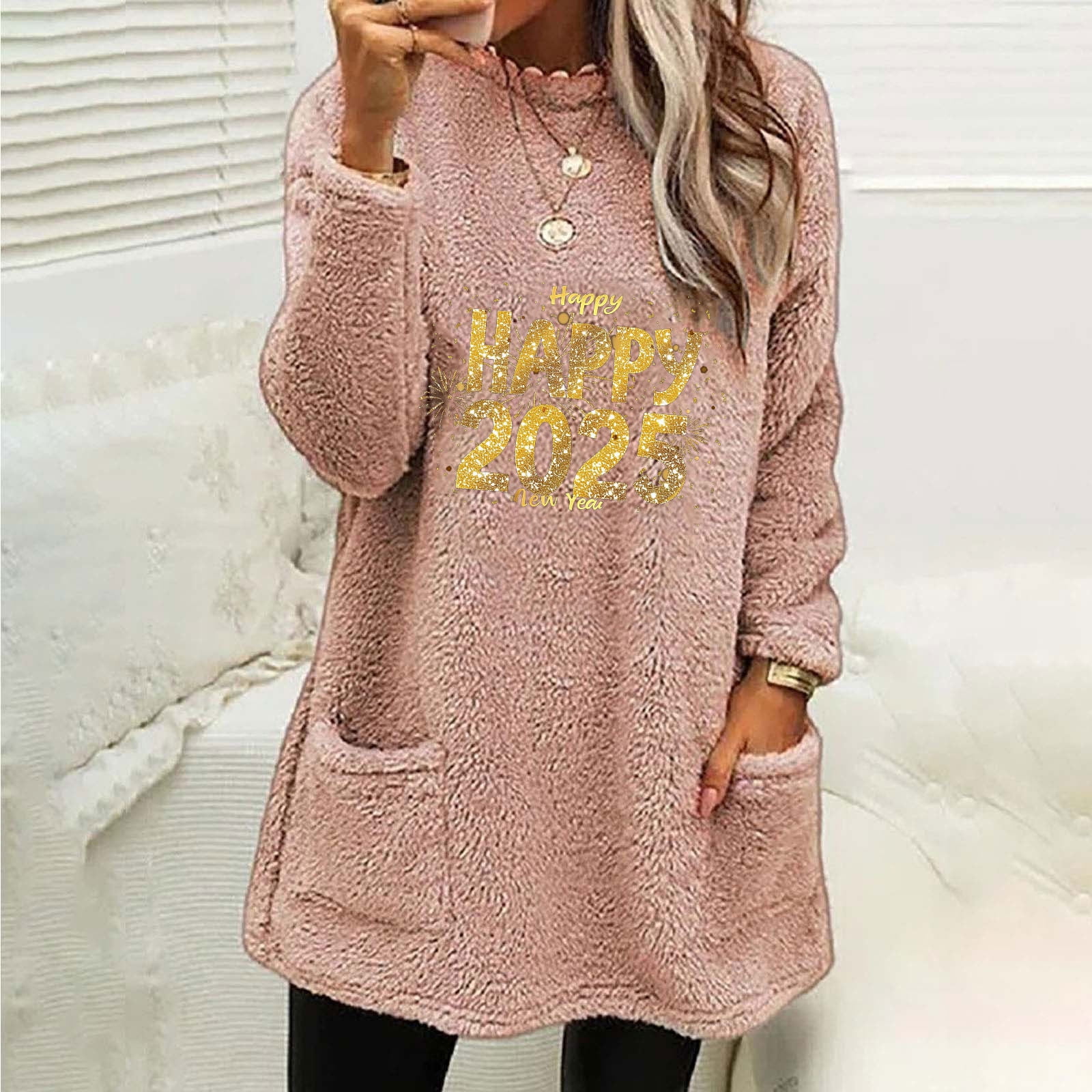 EchfiProm Plus Size Blouses for Women Trendy Pink Long Sleeve Happy New