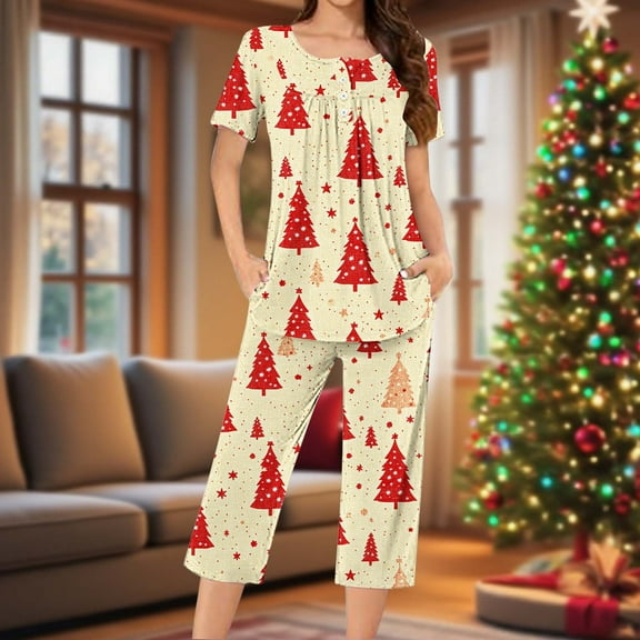 EchfiProm Plus Size Christmas Pajamas for Women Cute Loungewear Short Sleeve and Capri 2 Piece Set Festive Soft Khaki Adults Pjs Set