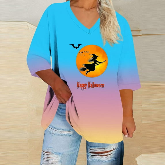 EchfiProm Plus Size Funny Shirts for Women Blue 3/4 Sleeve Pullover V-Neck Graphic Cute Loose Fit Shirts