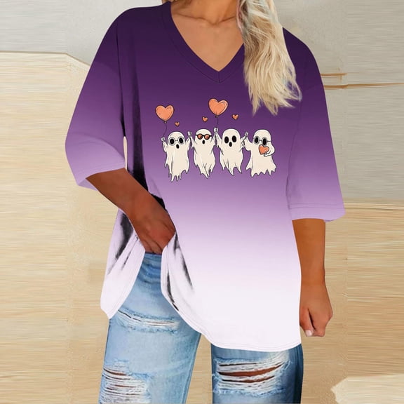EchfiProm Plus Size Summer Shirts for Women 3/4 Sleeve Purple Pullover Loose Fit Graphic Dressy Casual V-Neck Shirts